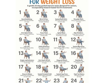 Ejercicios de Tai Chi en silla para bajar de peso / Reto de fitness sentado de 28 días (imprimible) para personas mayores