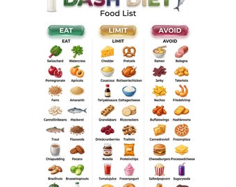 Lista de alimentos de la dieta DASH / Tabla de alimentos bajos en sodio, Planificador de comidas para la hipertensión, Guía imprimible de compras de alimentos saludables para el corazón