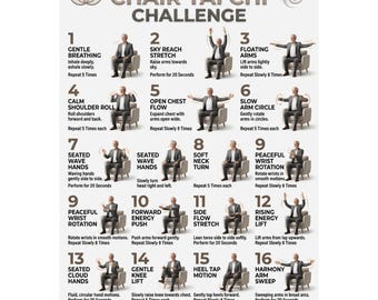 Reto de Tai Chi en Silla de 28 días / Entrenamiento de equilibrio sentado para hombres mayores, guía imprimible de ejercicios en silla