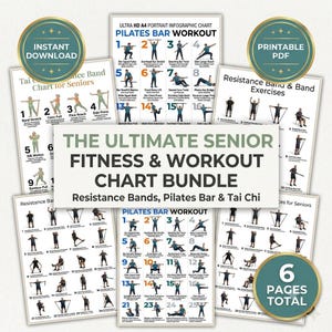 Pilates-träningspaket med stång | Set med 6 pilatesövningsaffischer, träningsschema för hela kroppen för kvinnor