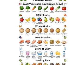 Lista de alimentos de la dieta DASH / Tabla de bajo contenido en sodio, Guía de comidas para la presión arterial, Póster imprimible de cocina para la salud del corazón