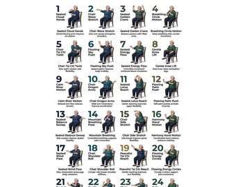 Ejercicios de Tai Chi para bajar de peso para adultos mayores, rutina de ejercicios de bajo impacto en silla (imprimible), calendario de yoga en silla de 30 días, paquete de bienestar para adultos mayores.