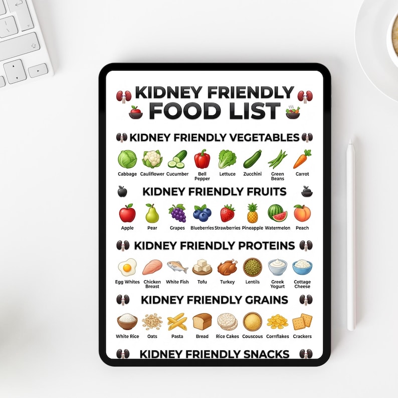 Printable kidney disease diet guide designed for balanced meal preparation, eat limit avoid organization, and kitchen wellness support