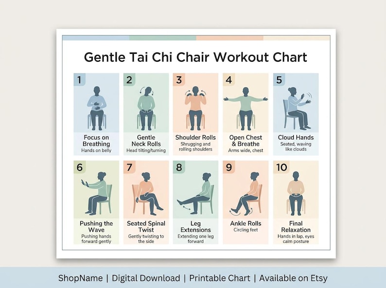 Tai Chi Chair Workout for Seniors, 20 Step Seated Exercise Chart, Tai Chi Poster for Elderly, Senior Fitness Guide, Digital Download PDF image 14