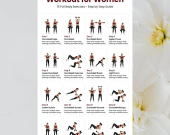 Rutina de ejercicios con mancuernas para todo el cuerpo para mujeres / Tabla de ejercicios para hacer en casa, entrenamiento de abdominales y glúteos, póster de fitness imprimible