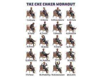 Ejercicios de Tai Chi en silla para personas mayores, tabla de ejercicios sentados de 20 pasos, póster de Tai Chi para ancianos, guía de fitness para personas mayores, descarga digital en PDF.