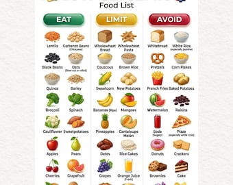 Lista de alimentos de bajo índice glucémico / Tabla de dieta para la presión arterial, Guía de alimentos bajos en sodio, Menú imprimible para una alimentación saludable para el corazón