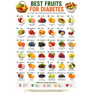 May include: An educational chart titled BEST FRUITS FOR DIABETES featuring a numbered list of 36 fruits with illustrations and health benefits. The layout includes a basket of fruit, a bowl of fruit salad, and a section on benefits of eating these fruits.