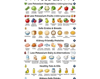 Lista de Alimentos com Baixo Teor de Potássio | Tabela de Dieta Renal, Guia de Refeições Amigas dos Rins, Pôster Imprimível para Doença Renal Crônica