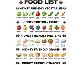 Lista de alimentos aptos para personas con problemas renales / Tabla de dieta renal, Guía de comidas bajas en sodio, Póster imprimible de la compra de alimentos para personas con problemas renales