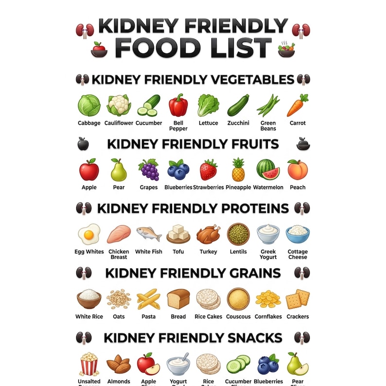 Kidney-friendly printable food chart with renal diet guidance, healthy grocery tracking, and organized daily meal planning support