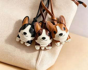 Llavero de cuero hecho a mano con forma de Corgi, adorno para bolso con forma de perro, accesorio para amantes de las mascotas.