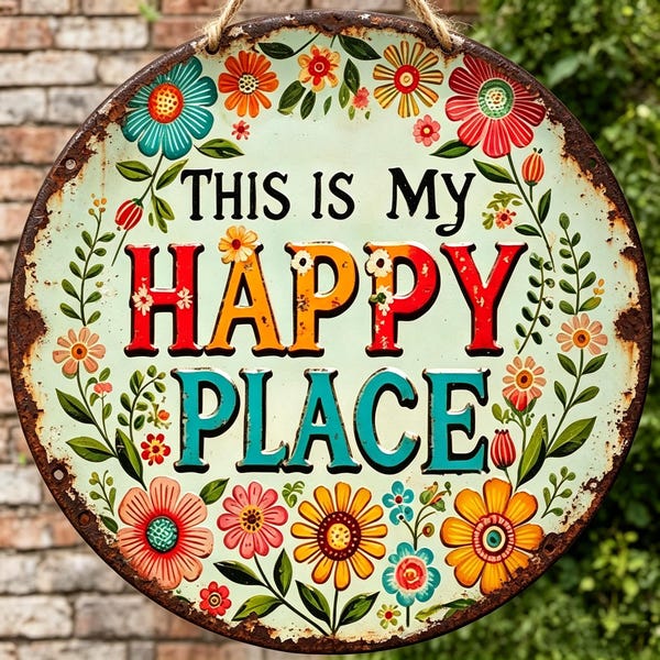 Letrero metálico floral personalizado "Este es mi lugar feliz", letrero con nombre personalizado, decoración de pared de hojalata con flores estilo boho, regalo de inauguración de casa