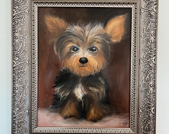Oryginalny obraz olejny przedstawiający szczeniaka Yorkshire Terriera – realistyczny portret psa w ramie 11x14