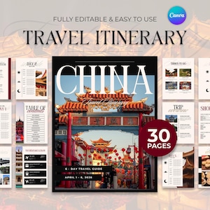 Op de afbeelding: Een reisroute sjabloon met een omslag met een levendige afbeelding van een Chinese poort, rode lantaarns en het woord "CHINA". De sjabloon bevat 30 pagina's en is volledig bewerkbaar. Tekst bevat "TRAVEL ITINERARY" en "6-DAY TRAVEL GUIDE".