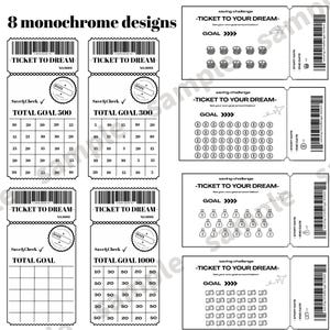 May include: Eight monochrome design tickets with the text "TICKET TO DREAM" and "saving challenge - TICKET TO YOUR DREAM-". The tickets have various goal amounts and savings challenges, with spaces to track progress. The designs are black and white.