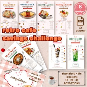May include: A set of eight printable retro cafe savings challenge sheets in A4 and US letter sizes. Each sheet features a food illustration, such as pizza toast, omelet rice, or cream soda, with checkboxes to track savings and a bonus envelope template.