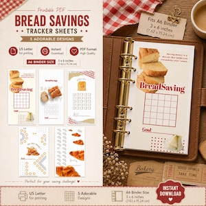 May include: A printable PDF bread savings tracker sheet with five adorable designs. The A6 binder size is 7.62 cm x 15.24 cm. The design includes images of bread and croissants. The text on the sheet says "Bread Savings".