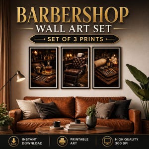 Peut inclure: Un ensemble de trois impressions encadrées sur le thème du barbier. Les impressions représentent des outils de barbier vintage, un fauteuil de barbier en cuir et un bar avec des bouteilles. Le texte "BARBERSHOP WALL ART SET" est affiché au-dessus des impressions.