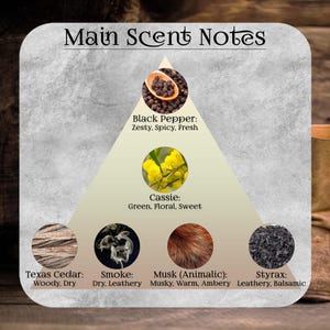 May include: A square informational graphic titled Main Scent Notes featuring a pyramid layout. It displays circular images of black pepper, cassie flowers, Texas cedar, smoke, musk, and styrax with descriptive text for each scent profile.