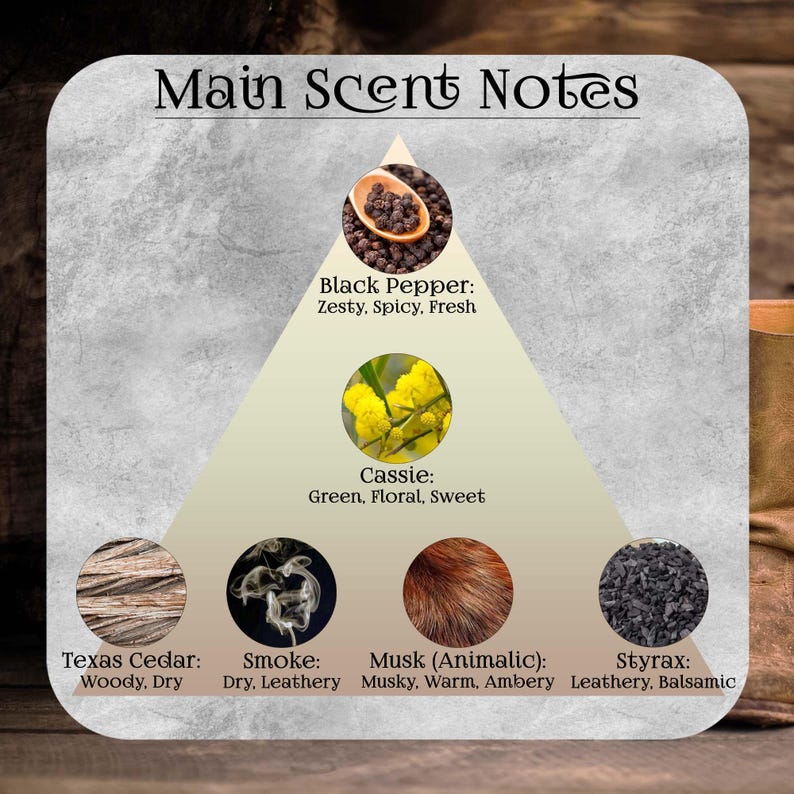 May include: A square informational graphic titled Main Scent Notes featuring a pyramid layout. It displays circular images of black pepper, cassie flowers, Texas cedar, smoke, musk, and styrax with descriptive text for each scent profile.