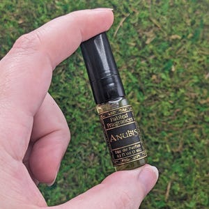 a hand holding a small black and gold bottle