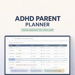 Op de afbeelding: Een digitale ADHD-ouderplanner weergegeven op een laptopscherm. De planner bevat secties voor het volgen van stemming, school en medicatie, met de tekst "Teacher-Approved IEP + Med Log". De planner heeft ook functies zoals "Empty Cup Detection".
