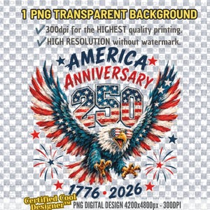May include: A digital graphic design featuring a bald eagle with wings spread, wearing sunglasses with a flag pattern. The text reads AMERICA ANNIVERSARY 250 and 1776-2026. The eagle is surrounded by red, white, and blue stars and firework-like accents.