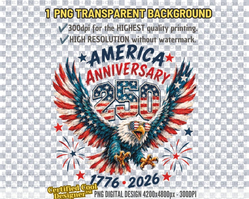May include: A digital graphic design featuring a bald eagle with wings spread, wearing sunglasses with a flag pattern. The text reads AMERICA ANNIVERSARY 250 and 1776-2026. The eagle is surrounded by red, white, and blue stars and firework-like accents.