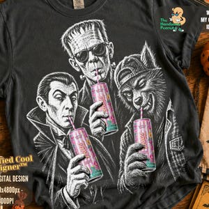 May include: A black t-shirt featuring a white graphic illustration of a vampire, Frankenstein's monster, and a werewolf, each holding a pink can with a straw. The text "The Handsome Peanut" and "100% MY ORIGINAL IDEA" is printed in the upper right corner.