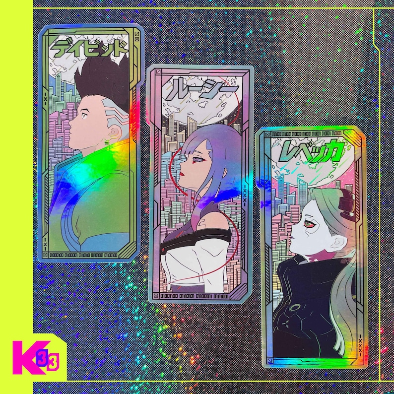 May include: Three holographic stickers with anime-style characters and Japanese text. Each sticker has a unique design with a cityscape background and vibrant colours. The stickers are rectangular with a neon green border and a holographic effect.