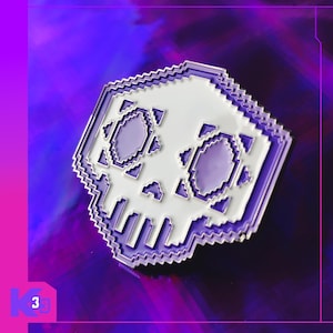May include: A pixelated skull enamel pin with a white skull design and purple accents. The pin has a silver border and is set against a purple and pink background. The skull design is a geometric, pixelated style.