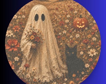 Cute Ghost & Black Cat Car Coaster | Whimsical Whimsigoth Halloween Autumn Car Accessory | Cottagecore Fall Gift