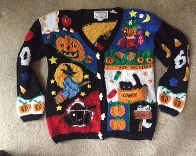 Halloween Cardigan Sweater With Glow in the Dark Ghost Buttons 1995