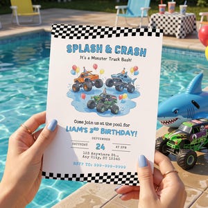 May include: A white rectangular birthday invitation card with a black and white checkered border. The text reads SPLASH & CRASH It's a Monster Truck Bash! LIAM'S 3RD BIRTHDAY! along with date, time, address, and RSVP details featuring monster truck graphics.