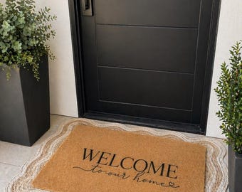 Modern Welcome Doormat | Welcome To Our Home Door Mat | Minimalist Front Porch Decor | Housewarming Gift | 17x30 Coir Doormat