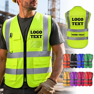 May include: A high-visibility neon yellow safety waistcoat with reflective silver stripes, a front zip, multiple utility pockets, and a clear ID badge holder. The garment features a black printed box with the text LOGO TEXT on the chest.