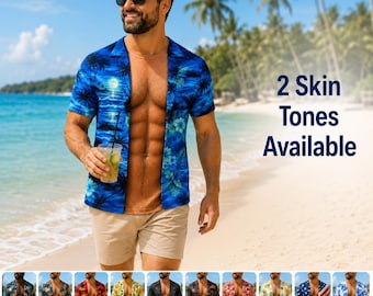 男性用おもしろマッスルイリュージョンシャツ、3DフェイクオープンハワイアンシャツTシャツ、パーソナライズされた夏休みパーティーギフト、トロピカルビーチおもしろTシャツ