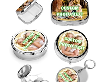 Personalized Pill Box with Photo Name Text, Custom Metal Travel Medicine Organizer, Waterproof Vitamin Case Custom Gift for Her Him