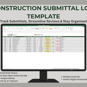 Puede incluir: Un monitor de computadora muestra una plantilla de registro de envío de construcción en Excel. La pantalla muestra una hoja de cálculo con columnas para la información del proyecto, los detalles del envío y las actualizaciones de estado. El texto en la parte superior dice "CONSTRUCTION SUBMITTAL LOG TEMPLATE".