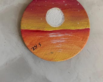 手作りの夕日と海の円形キャンバス絵画ZN S Art