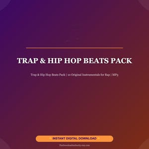Puede incluir: Un gráfico de descarga digital con un fondo degradado de color púrpura y naranja. El texto dice "TRAP & HIP HOP BEATS PACK" y "Trap & Hip Hop Beats Pack | 10 Instrumentales originales para Rap | MP3". Un botón en la parte inferior dice "DESCARGA DIGITAL INSTANTÁNEA".