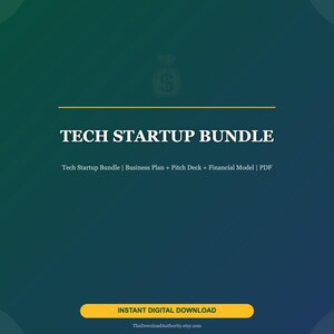 Puede incluir: Gráfico digital con un fondo degradado verde oscuro y azul. El texto "TECH STARTUP BUNDLE" es blanco, con una línea horizontal dorada encima. Debajo, se lee "Tech Startup Bundle | Business Plan + Pitch Deck + Financial Model | PDF".