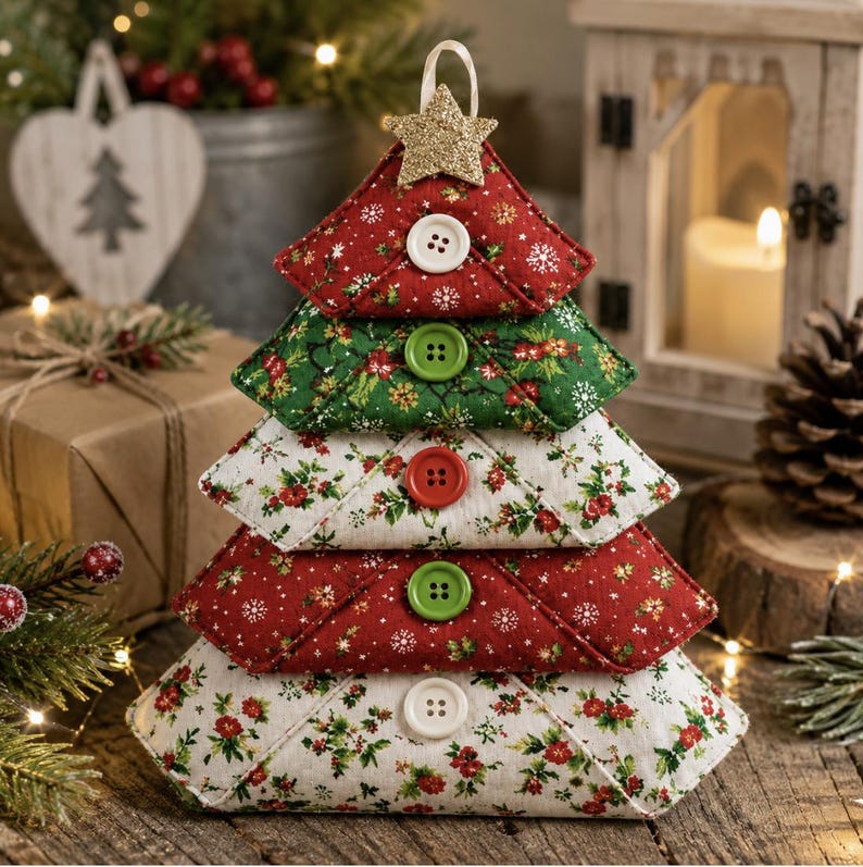 May include: A fabric Christmas tree decoration constructed from five stacked, triangular, quilted fabric segments in red, green, and white floral patterns. Each segment features a centered white or green button and a gold glitter star topper.
