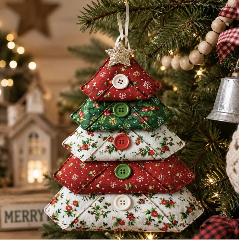 May include: A fabric Christmas tree ornament composed of five stacked triangular segments in red, green, and white floral patterns. Each segment features a single button at the center, and the top is adorned with a small, glittery gold star.
