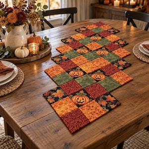 May include: A quilted table runner featuring a patchwork design of square fabric blocks in shades of orange, red, green, and black. The pattern includes repeating motifs of jack-o'-lanterns and autumn leaves, creating a seasonal decorative textile.
