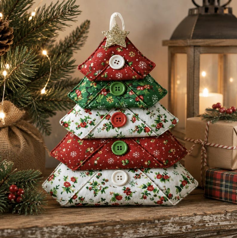 May include: A fabric Christmas tree ornament constructed from five stacked, triangular, padded sections in red, green, and white floral and snowflake patterns. Each section features a single round button in white, green, or red, and a gold glitter star.