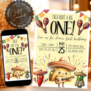 Taco Bout a Big One First Birthday Editable Invitation Template for Print or Mobile