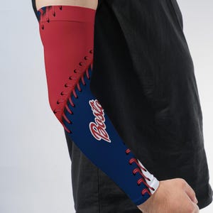 Baseball Pattern Arm Sleeves, Red Blue Sports Arm Sleeve, Athletic Compression Sleeve, UV Protection Cover