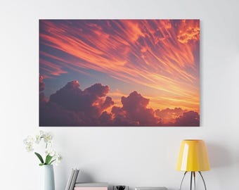 Leinwand Wandkunst, Luftbild bei Sonnenuntergang, Wolkenkunst Leinwanddruck, Abstrakte Sonnenkunst, Goldene Stunde Twilight Art, Roter Sonnenuntergang Wanddekor